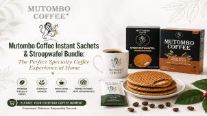 Mutombo Coffee Instant Sachets & Stroopwafel Bundle displayed on a clean light background, featuring premium specialty coffee sachets paired with caramel stroopwafels for a cozy café-style coffee experience at home.