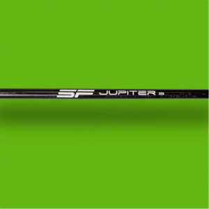 Close-up of a black Steadfast Golf Jupiter shaft with white SF and Jupiter S branding against a green background.