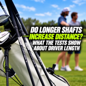 Steadfast Jupiter golf shafts beside a golf bag, with text asking whether longer driver shafts increase distance.