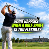 Golfer finishing a driver swing beside text asking what happens when a golf shaft is too flexible.
